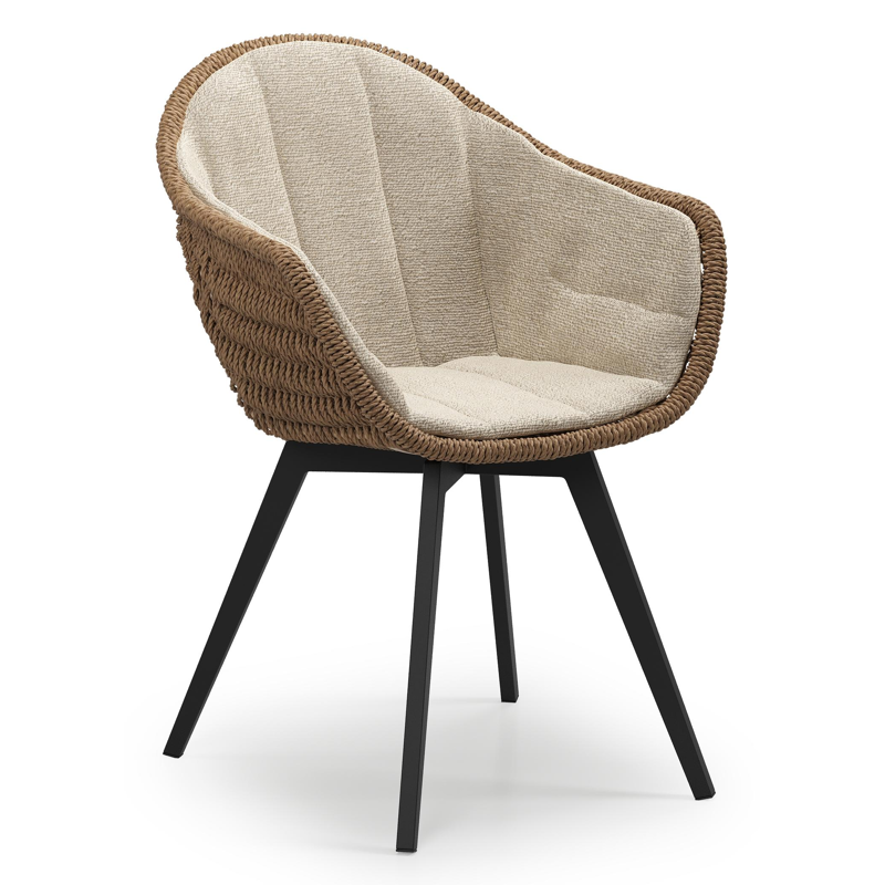 Pagino tuinstoel in zwart aluminium en bruin ronde wicker met zitkussen in All Weather Cosytica Marbella Sand