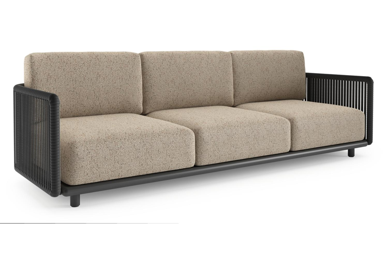 Organo loungebank in zwart aluminium en zwart verticaal geweven luxe vlakke rope met bora jungle all weather Cosytica kussen