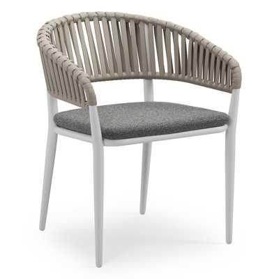 Tolfa stapelbare tuinstoel in wit aluminium en beige verticaal geweven luxe vlakke brede rope met stoelkussen in All Weather Cosytica Catania Black