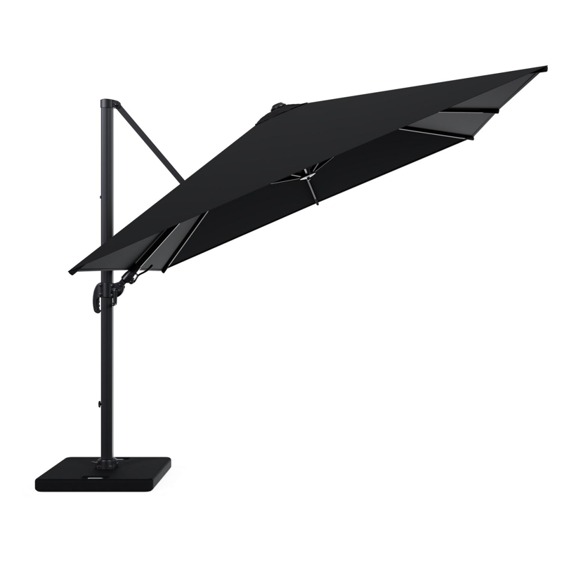 Avola zweefparasol met tiltfunctie in zwart aluminium met zwart all weather sunbrella® premium parasoldoek - L1: 300 x L2: 300 cm met parasolvoet Pedito 120 kg