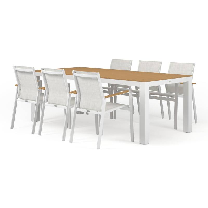 Calzo tuinset in wit aluminium en polywood tafelblad met 6 stapelbare Bahia tuinstoelen