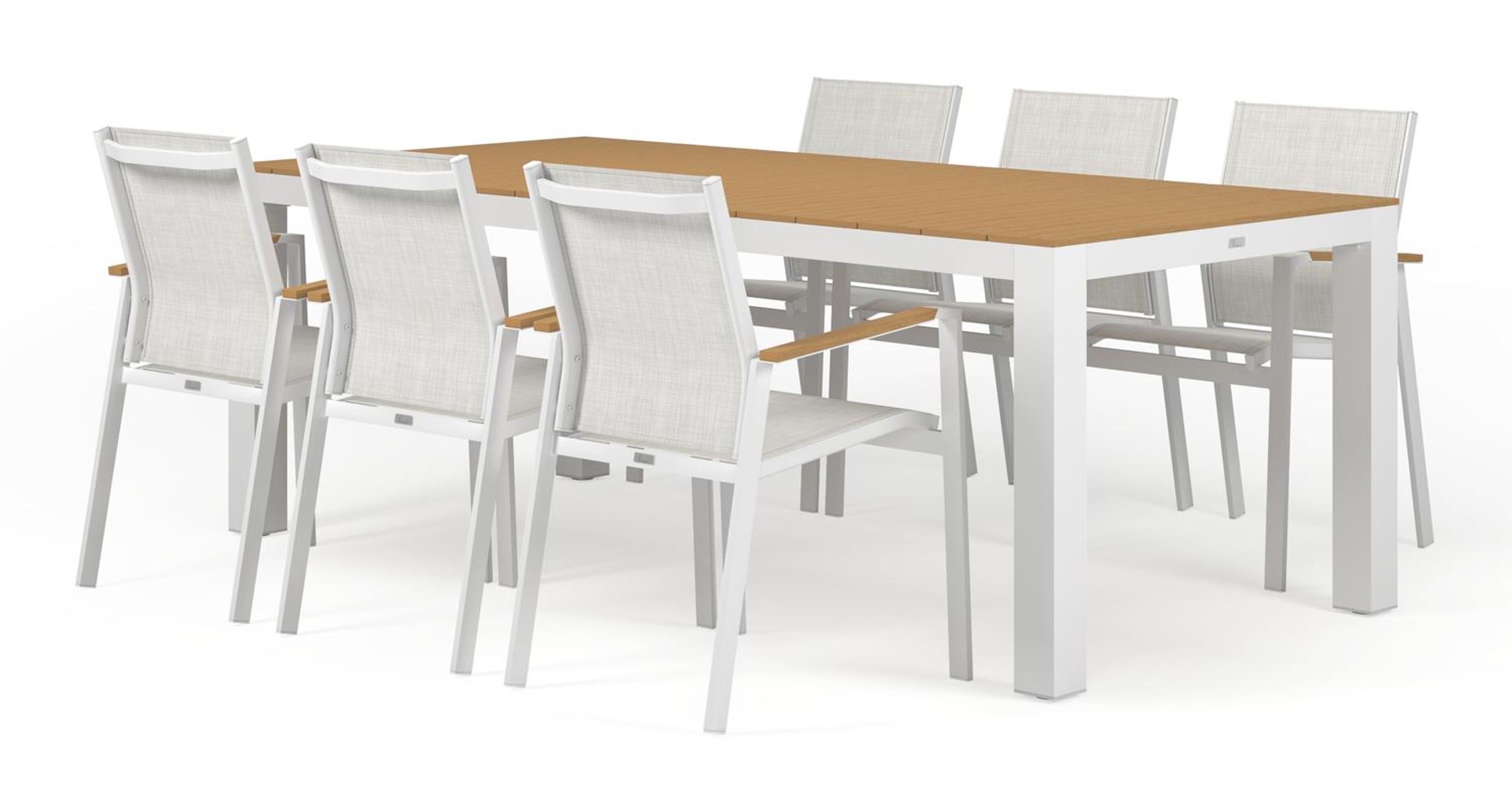 Calzo tuinset in wit aluminium en polywood tafelblad met 6 stapelbare Bahia tuinstoelen
