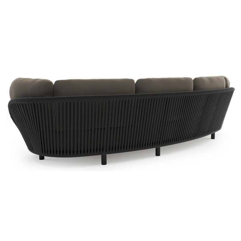 Lupino loungebank in zwart aluminium en zwart verticaal geweven luxe vlakke brede rope met natte carbon beige all weather sunbrella® luxe kussen