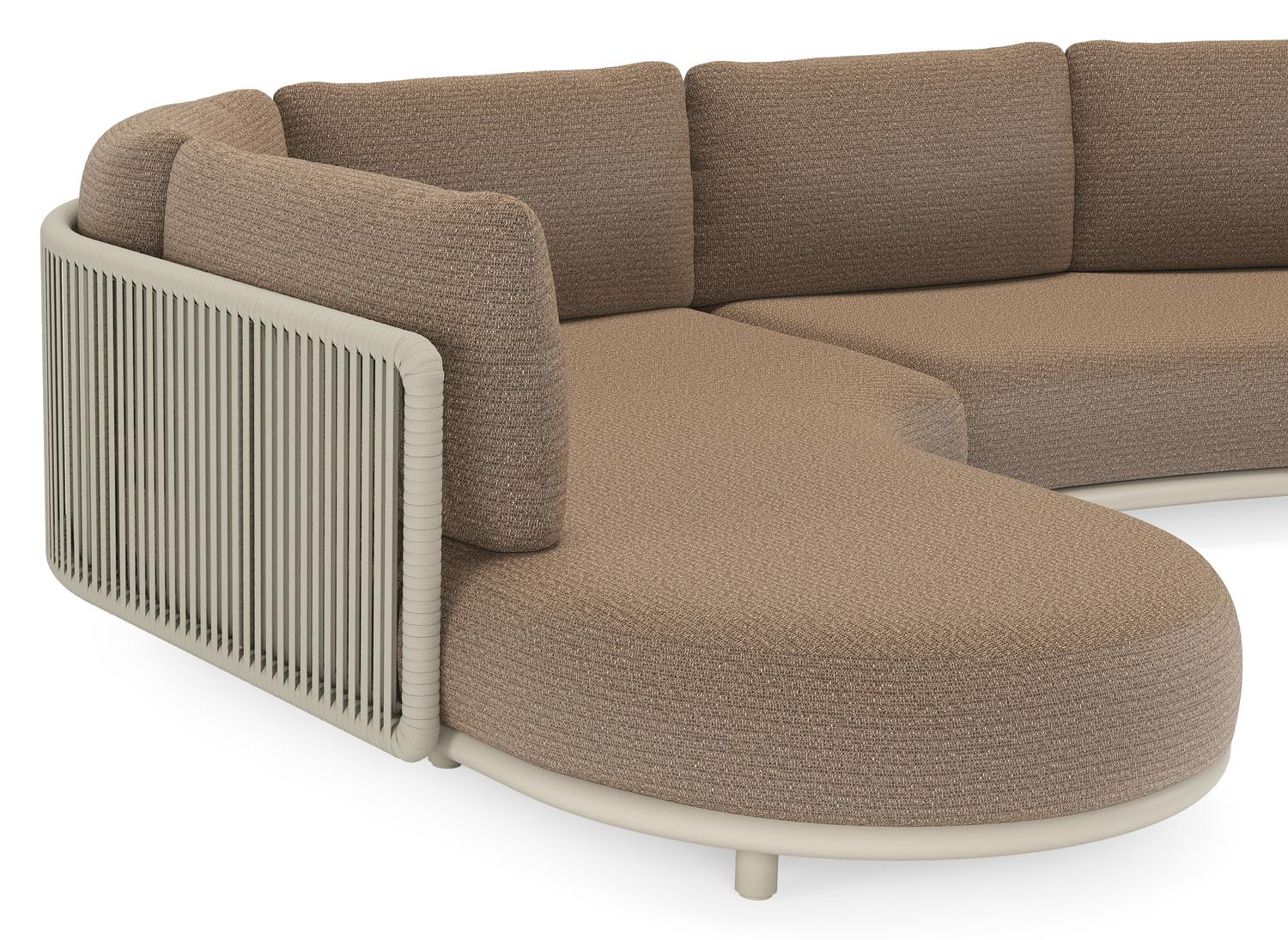 Lomano loungehoek in beige aluminium en beige verticaal geweven luxe vlakke rope met Firenze Bamboe all weather solica