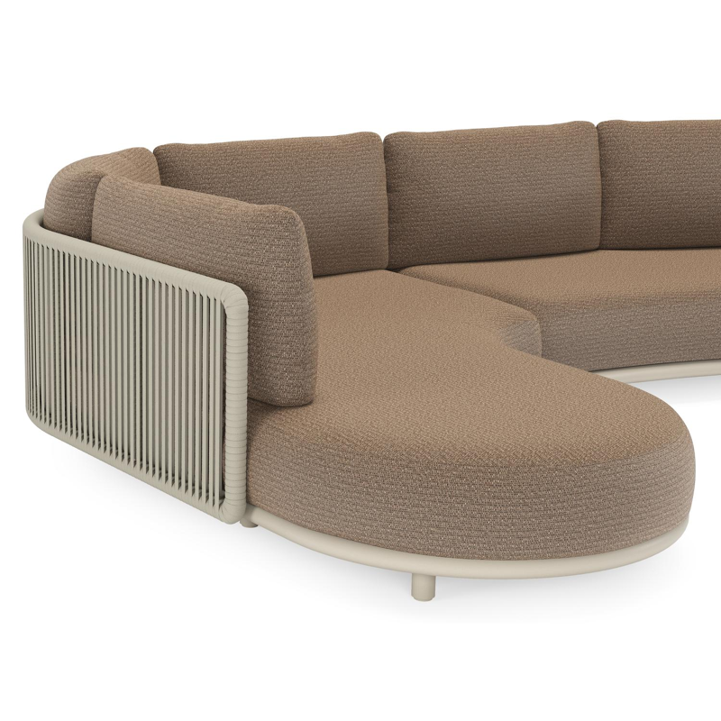 Lomano loungehoek in beige aluminium en beige verticaal geweven luxe vlakke rope met Firenze Bamboe all weather solica