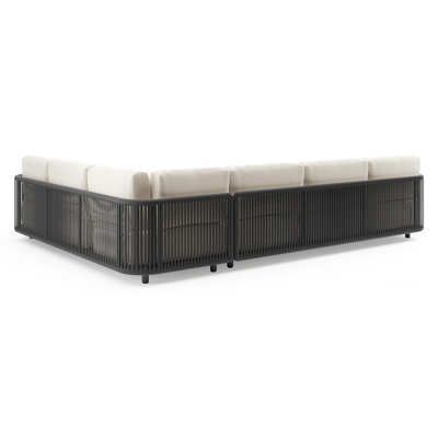 Organo loungehoek in zwart aluminium en zwart verticaal geweven luxe vlakke rope met althea off white all weather Cosytica kussen