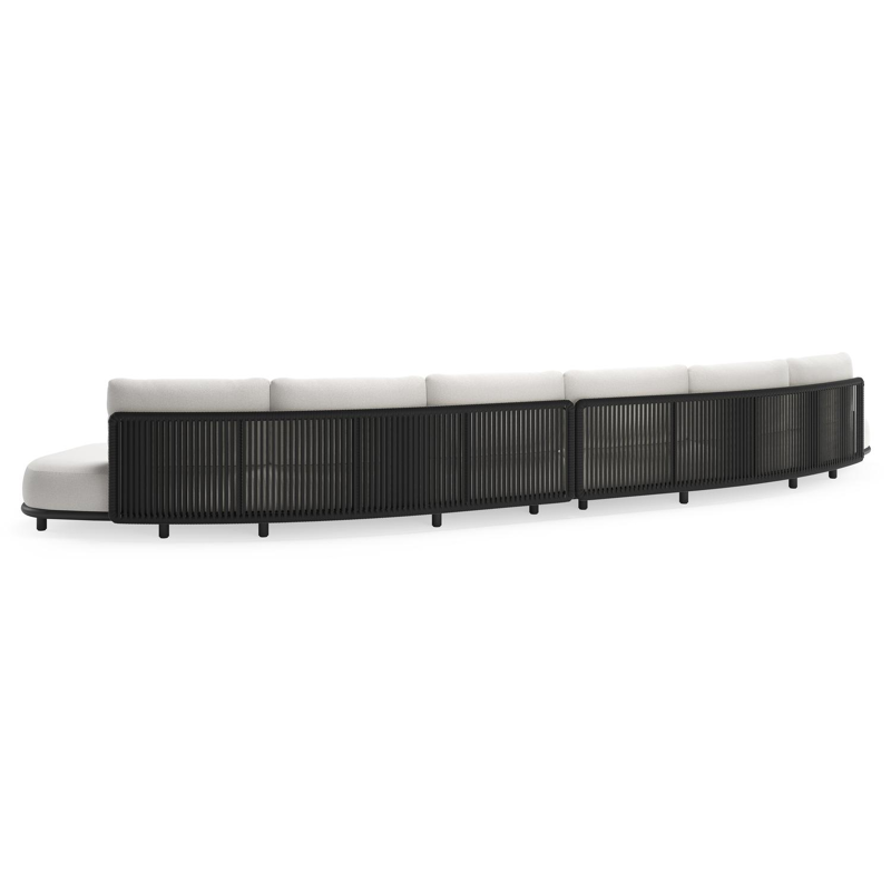 Canapé de jardin Lomano en aluminium noir et corde luxe plate tissée verticalement beige et coussins en all weather solica soul optik