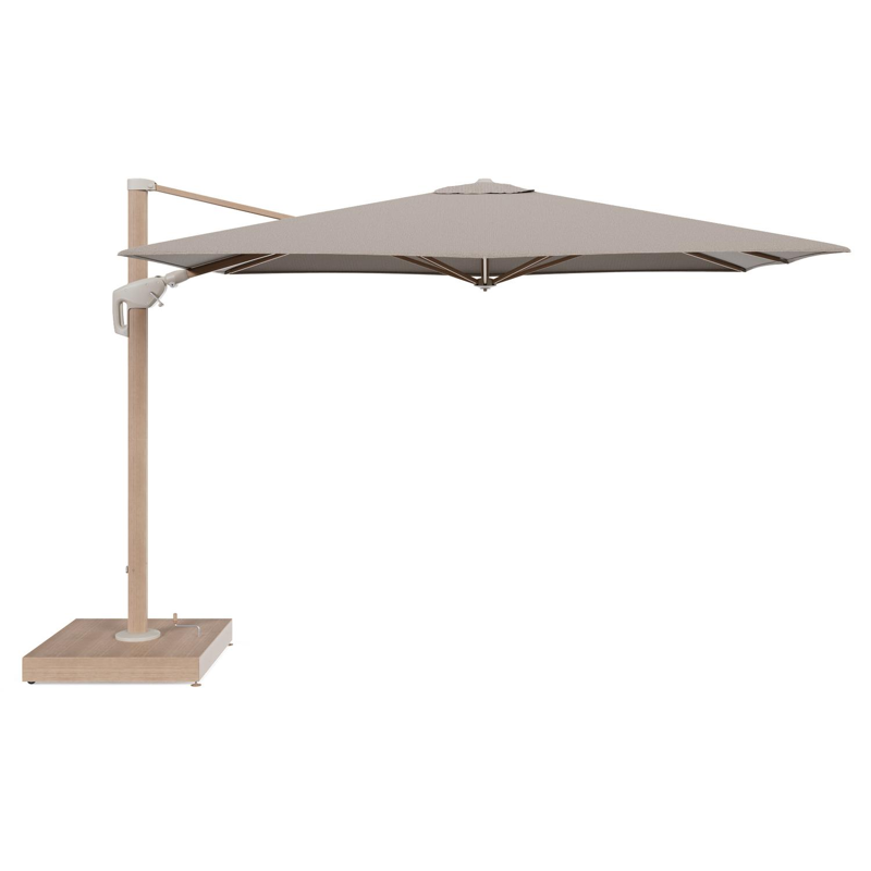 Parasol pendant Minore avec fonction tilt en aluminium aspect de bois et toile de parasol All Weather Solica Firenze Earth - Lg.1 280 Lg.2 370 cm avec pied de parasol Minore 260 kg avec roulettes