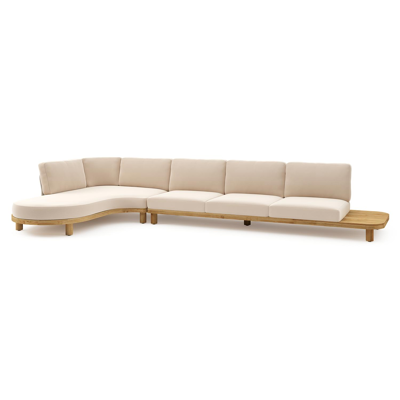Donato loungehoek in teak en beige verticaal geweven ronde rope met all weather sunbrella® luxe Natte Linen Chalk kussen