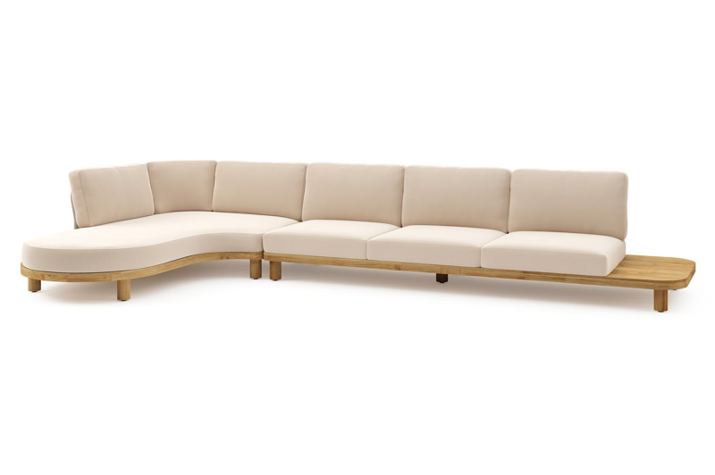 Donato loungehoek in teak en beige verticaal geweven ronde rope met all weather sunbrella® luxe Natte Linen Chalk kussen