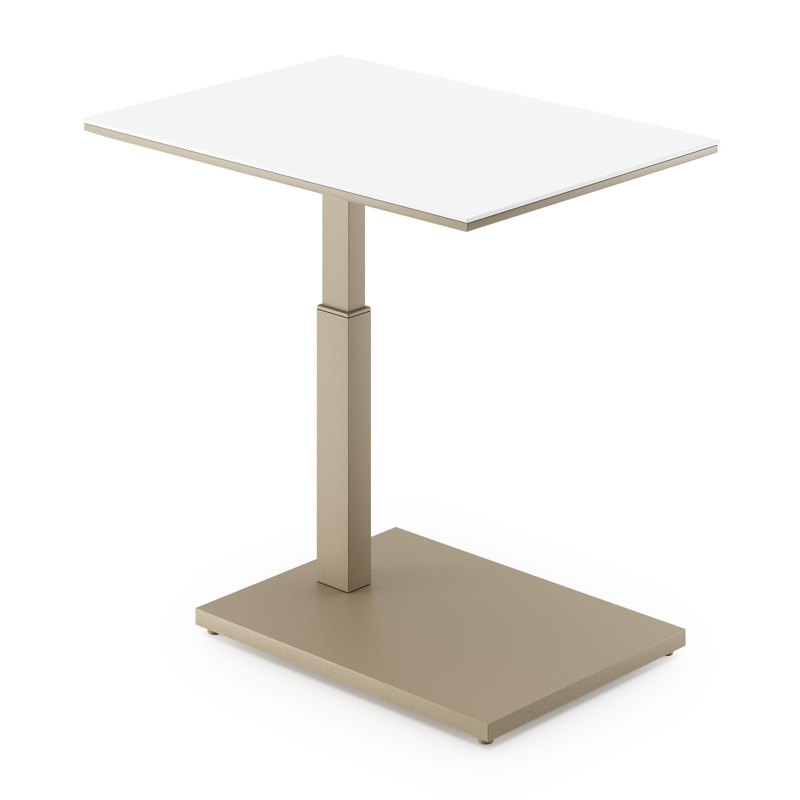 Table d'appoint pop-up Cirello rectangulaire en aluminium beige et céramique pleine Arctic White - Lg. 69.5 x Lrg. 50 x Haut. 66 cm