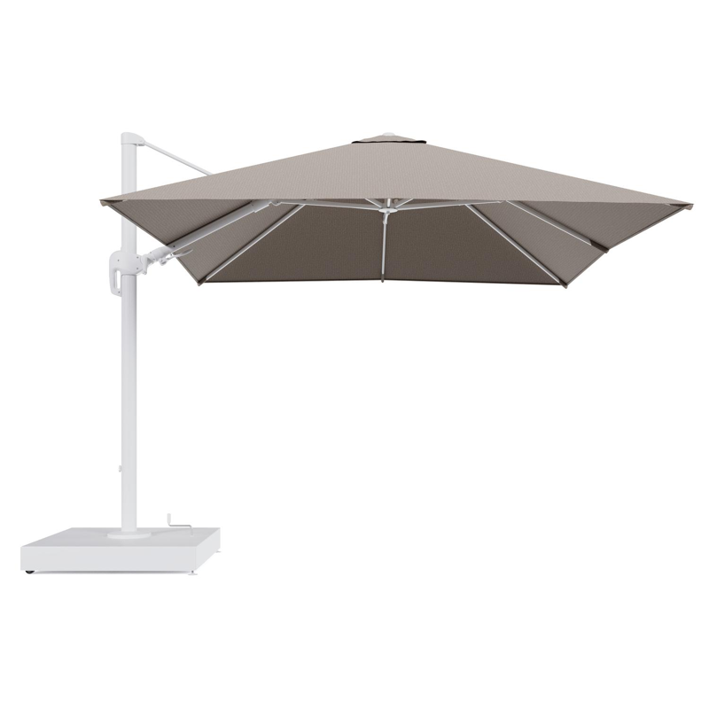 Rufina zweefparasol met tiltfunctie in wit aluminium en Firenze Earth All Weather Solica parasoldoek - L1 300 x L2 300 cm met parasolvoet Minore 260 kg met wielen