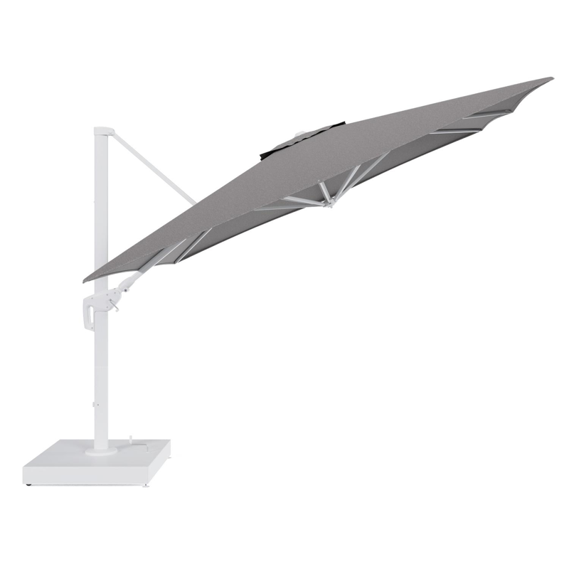 Minore zweefparasol met tiltfunctie in wit aluminium en Chartres Drizzle All Weather Sunbrella® Luxe parasoldoek - L1 350 x L2: 350 cm met parasolvoet Minore 260 kg met wielen