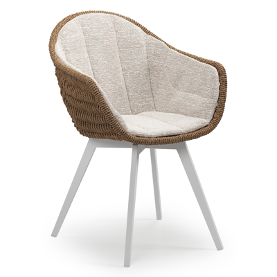 Pagino tuinstoel in wit aluminium en bruin ronde wicker met zitkussen in All Weather Sunbrella® Luxe Tundra Sand