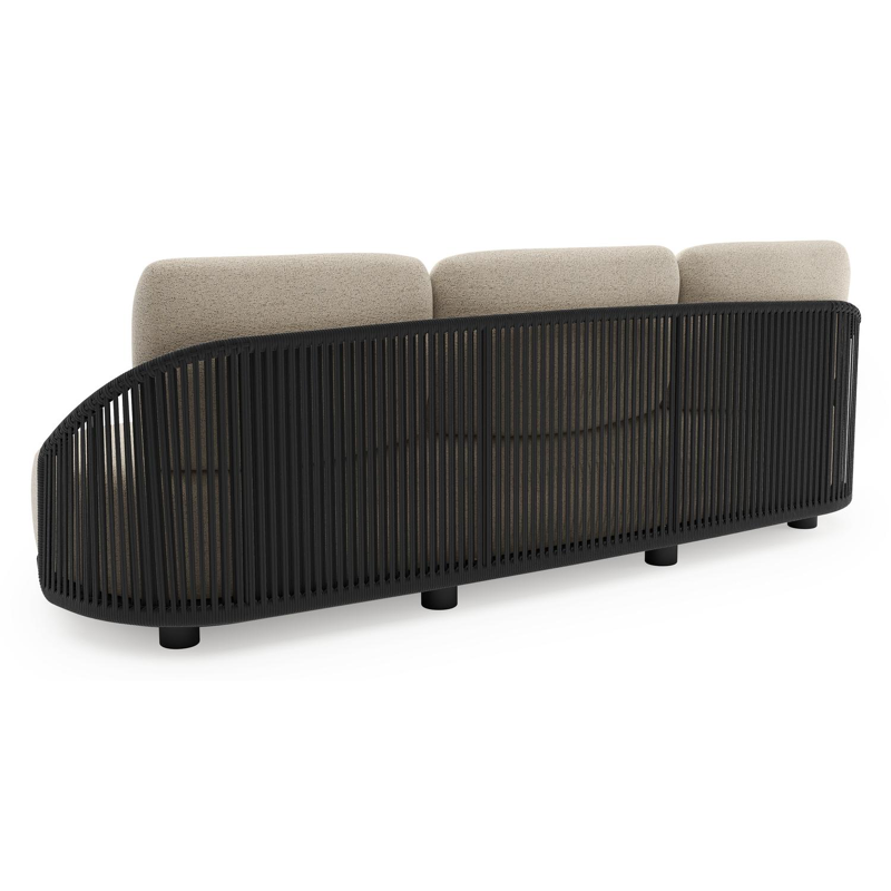 Vadelo loungeset in zwart aluminium en zwart verticaal geweven ronde rope met marbella beige all weather cosytica kussen