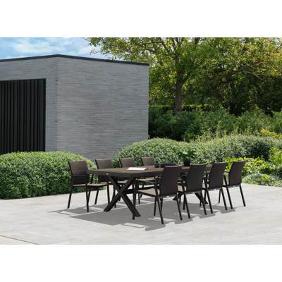 Ensemble de jardin Reza en aluminium noir avec plateau de table en céramique pleine noir et 8 chaises de jardin empilables Madura