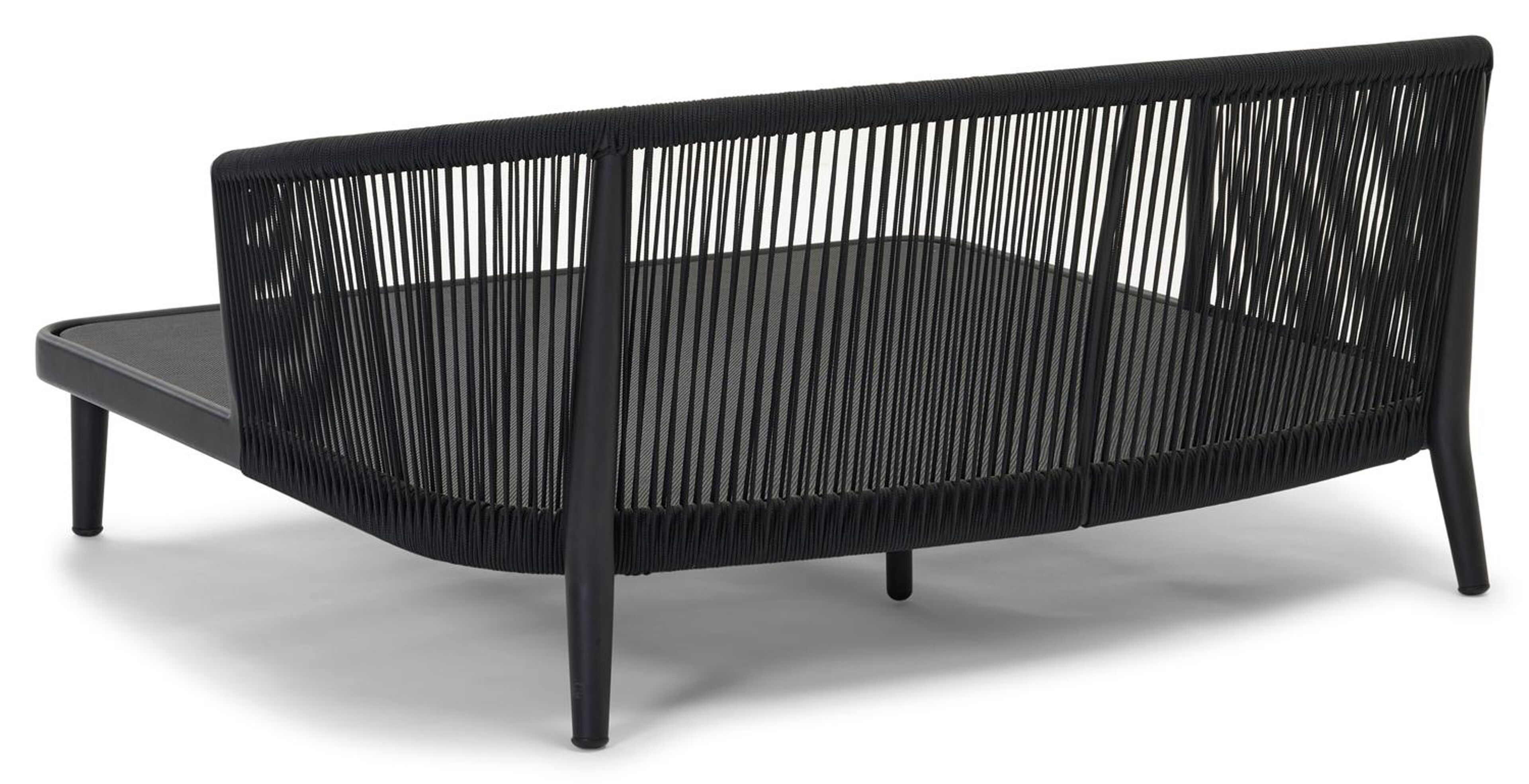 Chaise longue double Orso en aluminium noir et corde ronde tissée verticalement noir avec coussin en All Weather Sunbrella® luxe savane tornado