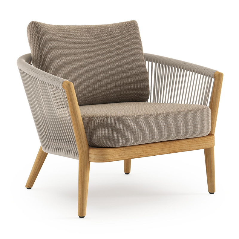 Orso loungestoel in teak en beige verticaal geweven ronde rope met Firenze Earth all weather solica kussen