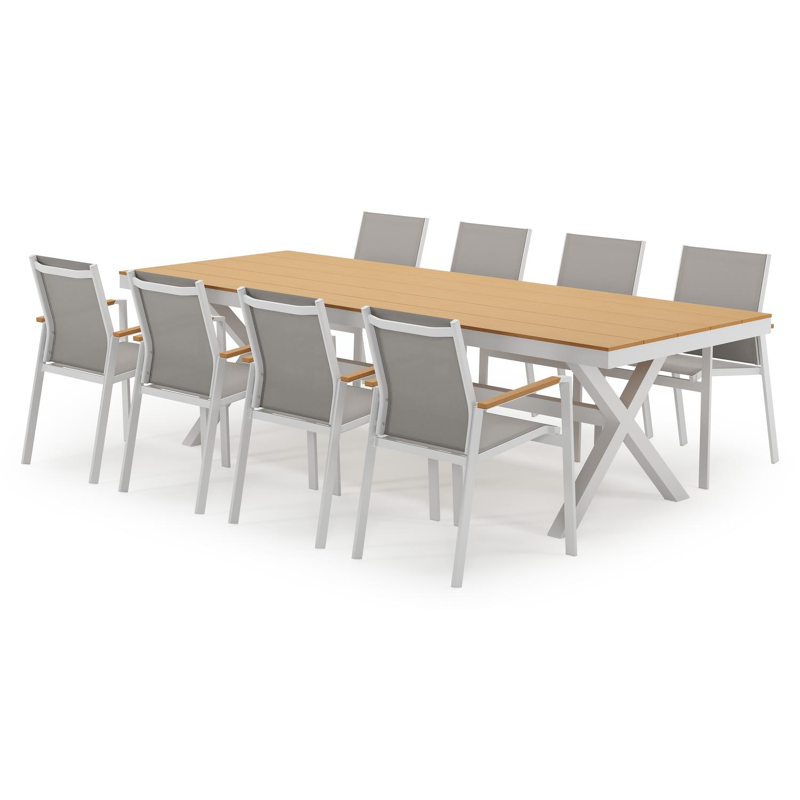Bahia tuinset in wit aluminium en polywood met 8 stapelbare Bahia tuinstoelen