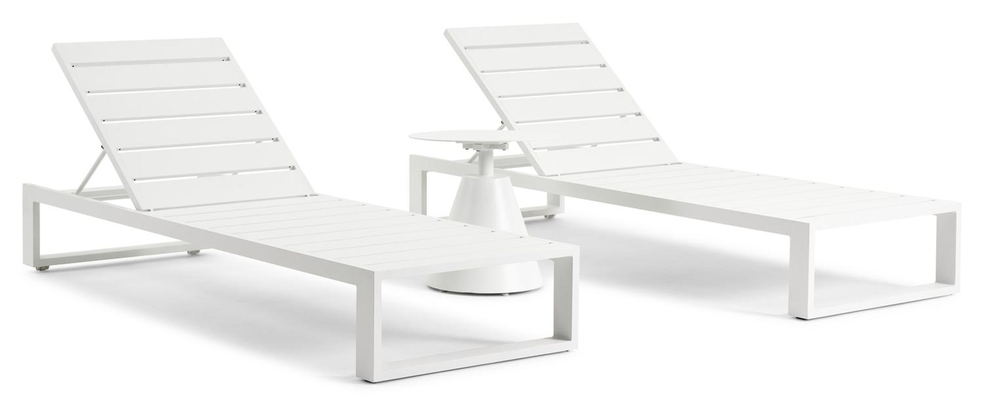 Set van 2 verstelbare Verato ligbedden in wit aluminium met wit aluminium bijzettafel