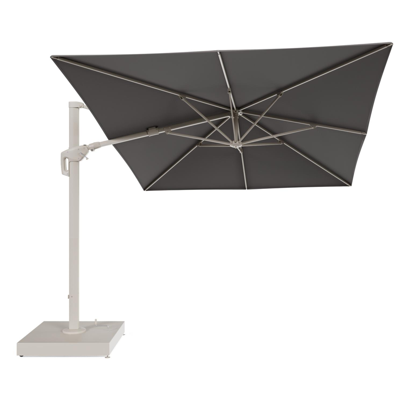 Minore zweefparasol met tiltfunctie in beige aluminium en Natte Nature Grey All Weather Sunbrella® Luxe parasoldoek - L1: 400 x L2: 300 cm met parasolvoet Minore 260 kg met wielen