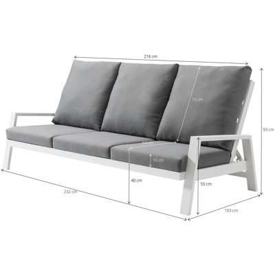 Veneto loungezetel met verstelbare rugleuning 3-zit in wit aluminium met grijs weather+ softtouch kussen