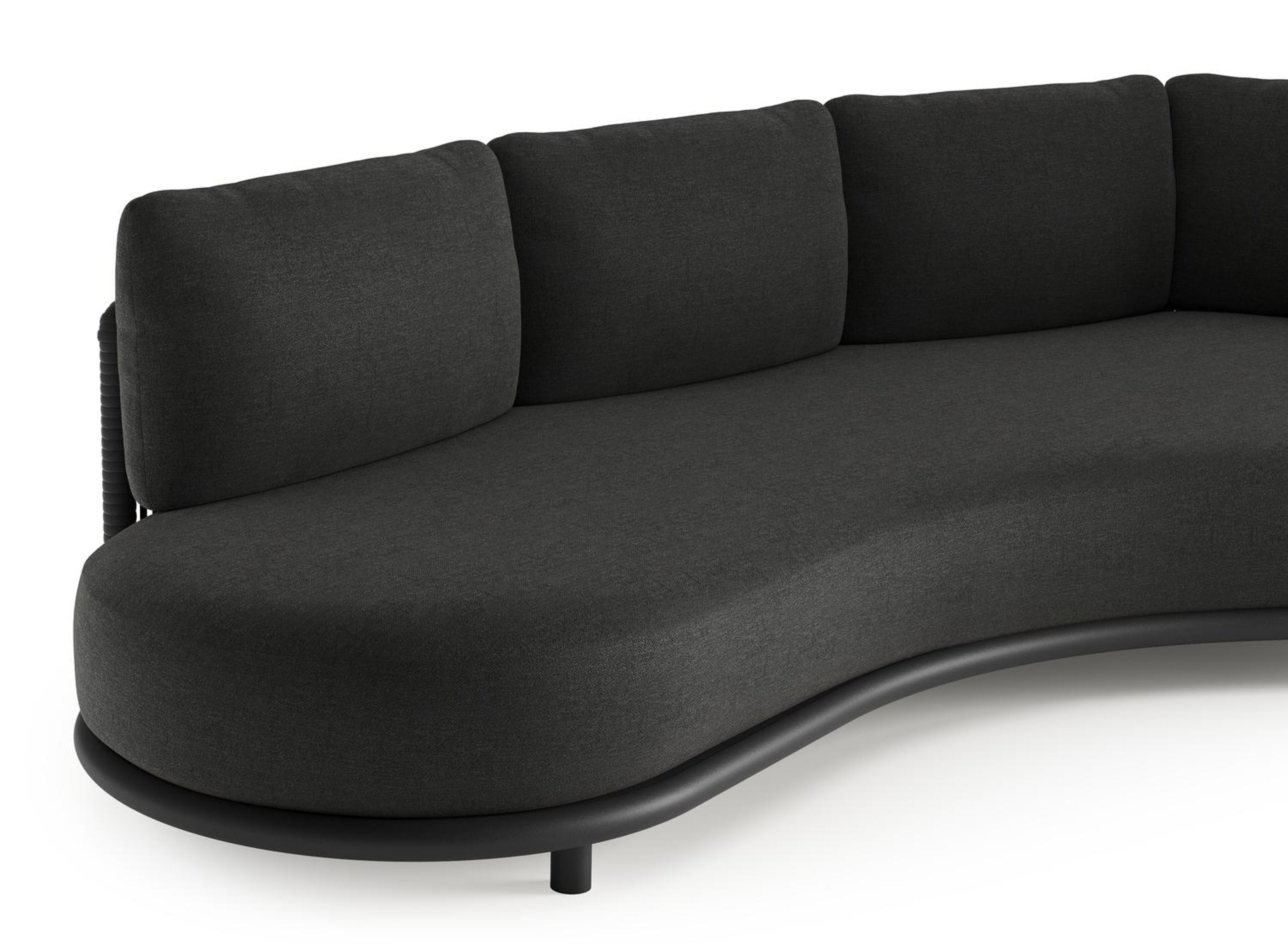 Lomano loungebank in zwart aluminium en zwart verticaal geweven luxe vlakke rope met chartres sooty all weather sunbrella® luxe kussen