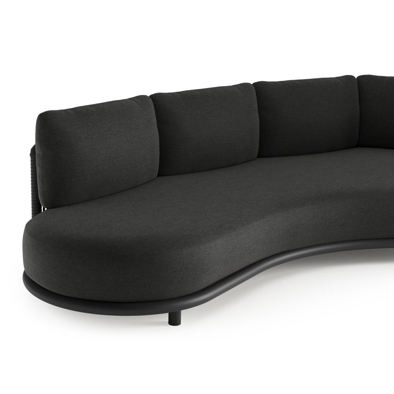 Lomano loungebank in zwart aluminium en zwart verticaal geweven luxe vlakke rope met chartres sooty all weather sunbrella® luxe kussen