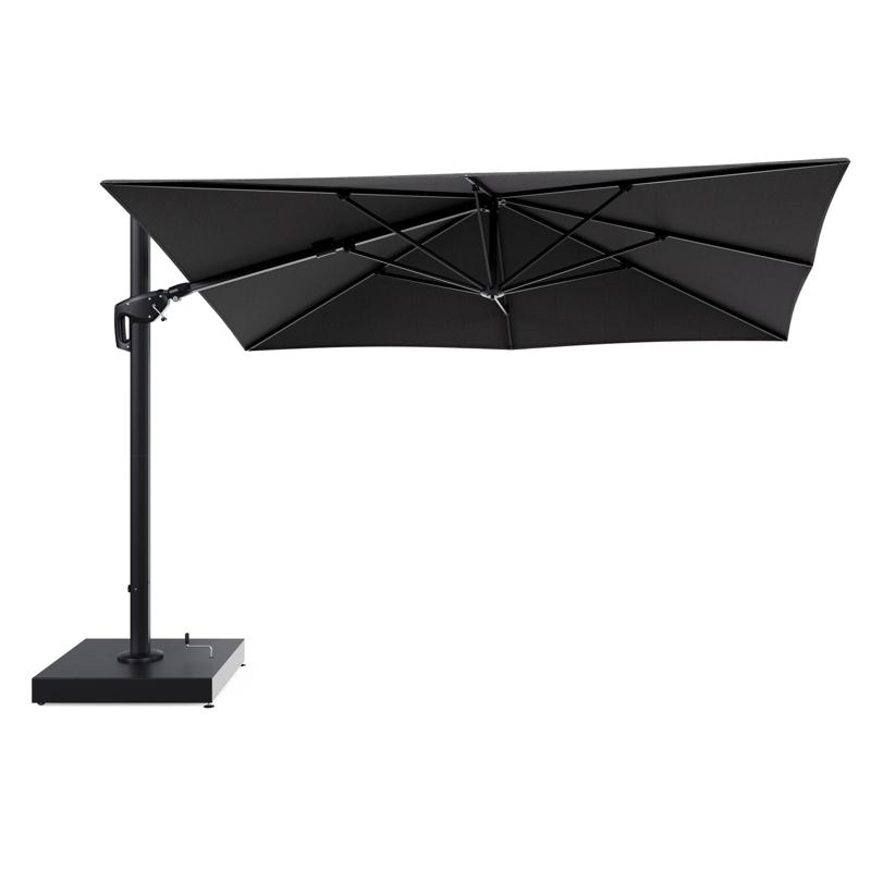 Minore zweefparasol met tiltfunctie in zwart aluminium en Firenze Tunder All Weather Solica parasoldoek - L1 280 x L2: 370 cm met parasolvoet Minore 260 kg met wielen