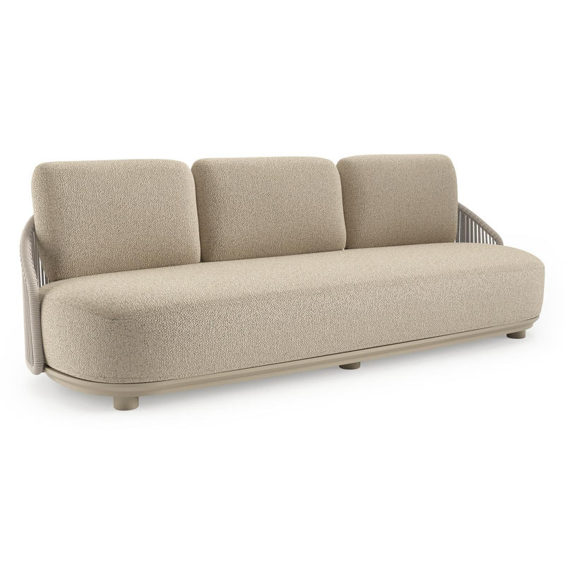 Canapé de jardin Vadelo en aluminium beige et corde ronde tissée verticalement beige et coussins en all weather cosytica bora forest