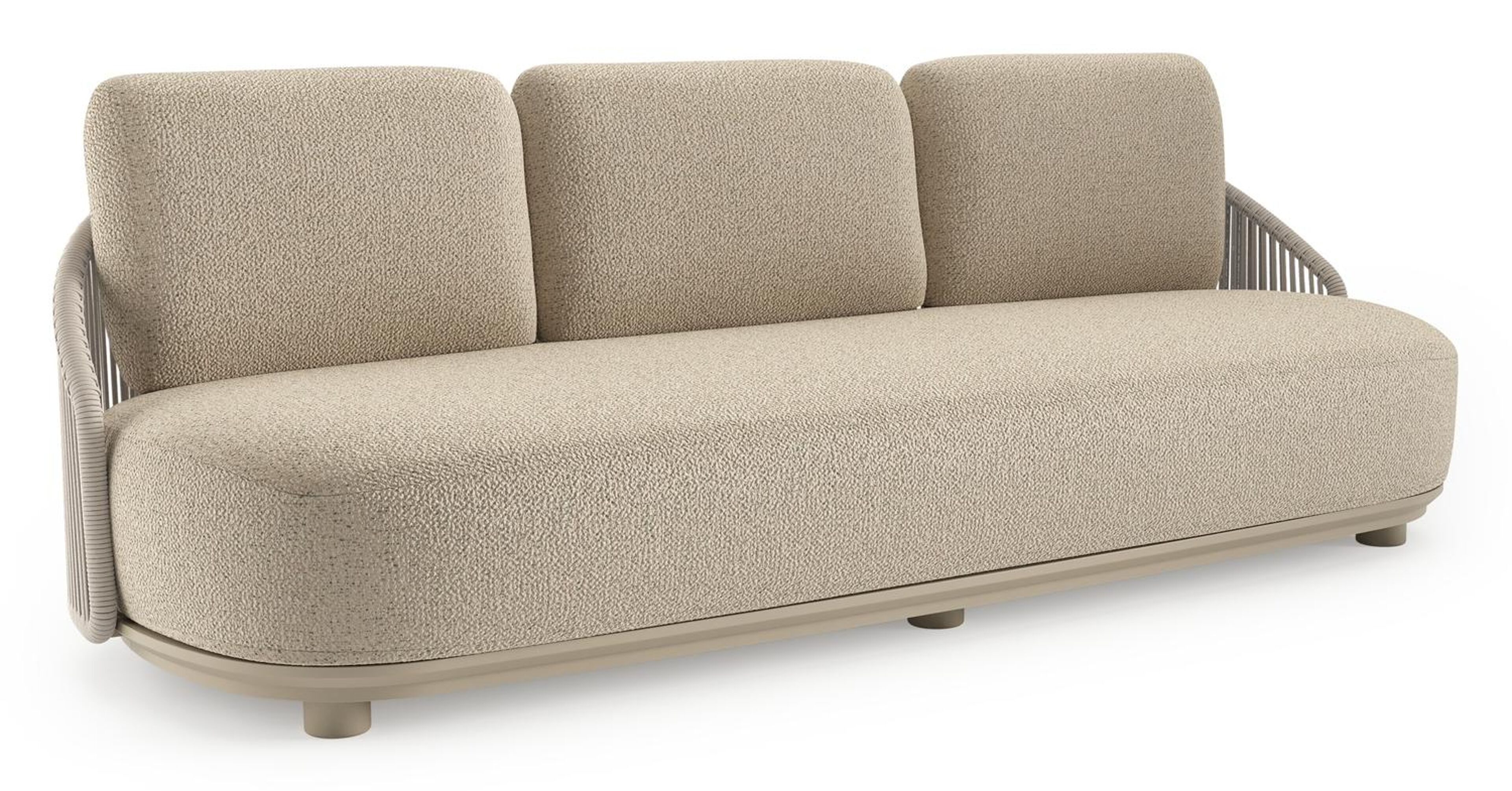 Canapé de jardin Vadelo en aluminium beige et corde ronde tissée verticalement beige et coussins en all weather cosytica bora forest