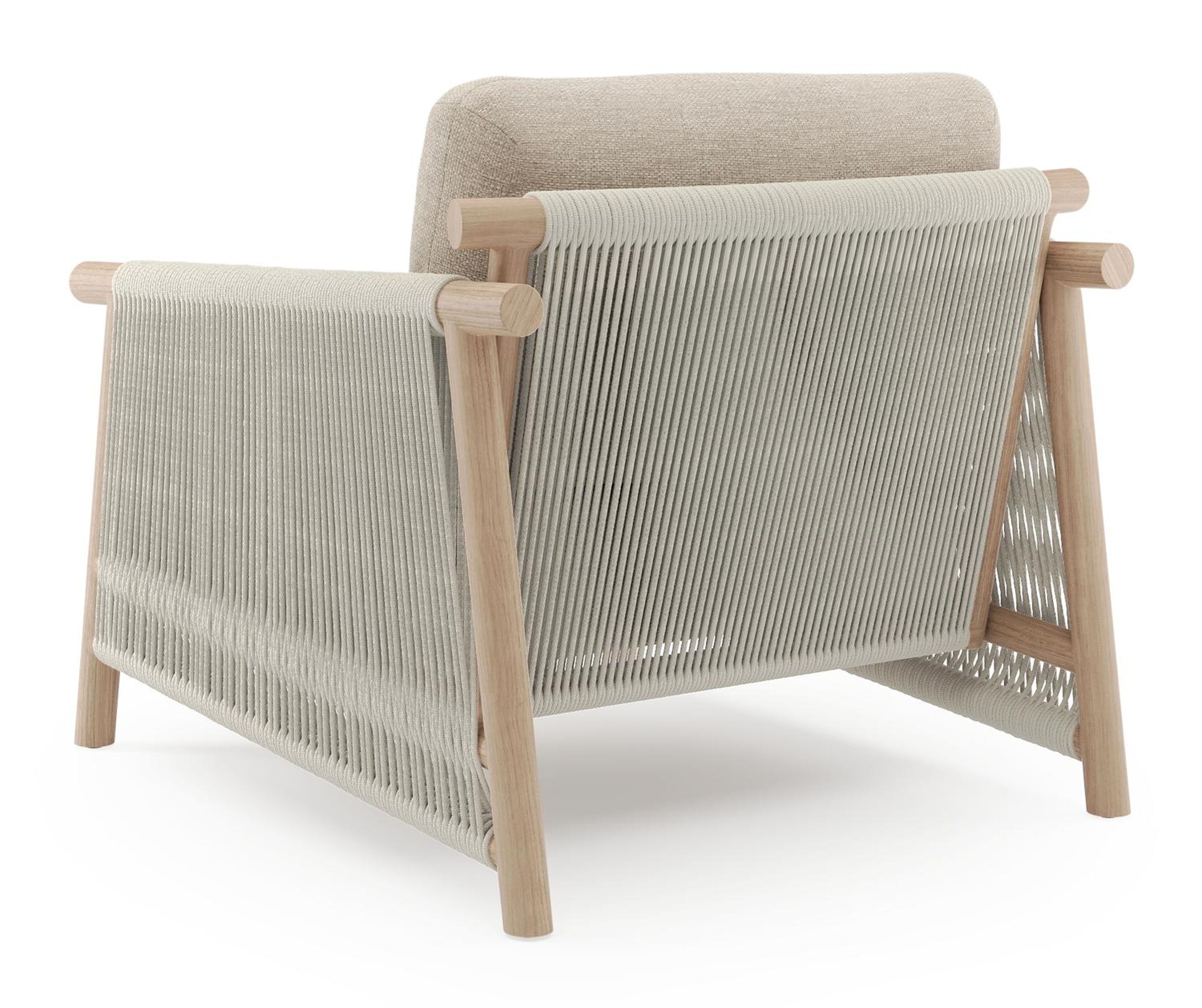 Set van 2 Erla loungestoelen in houtlook aluminium en beige verticaal geweven ronde rope met rustic weather+ softtouch kussens