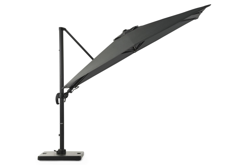 Avola zweefparasol met tiltfunctie in zwart aluminium met grijs all weather sunbrella® premium parasoldoek - L1: 300 x L2: 300 cm (met voet)