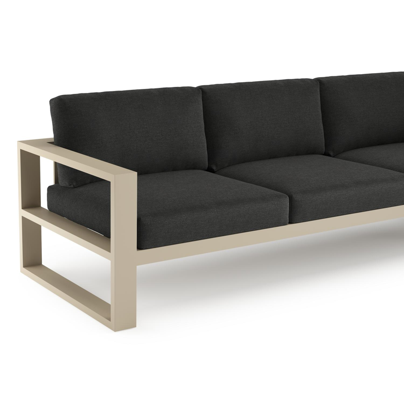 Verato loungehoek in beige aluminium met chartres sooty all weather sunbrella® luxe kussen