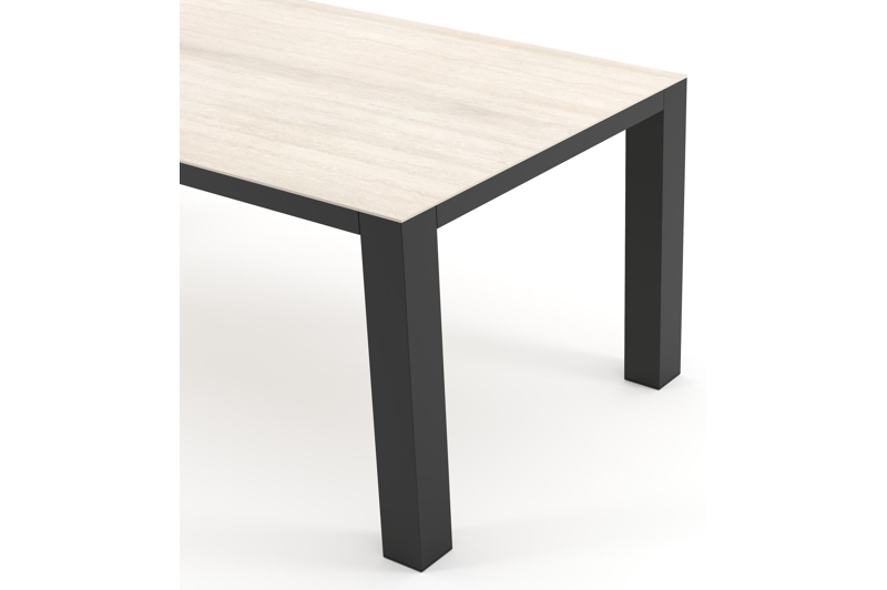 Table de jardin Nano rectangulaire en aluminium noir et céramique pleine Travertino Bianco - Lg. 200 x Lrg. 100 x Haut. 75 cm