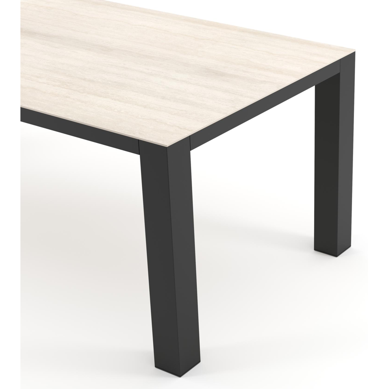 Table de jardin Nano rectangulaire en aluminium noir et céramique pleine Travertino Bianco - Lg. 200 x Lrg. 100 x Haut. 75 cm