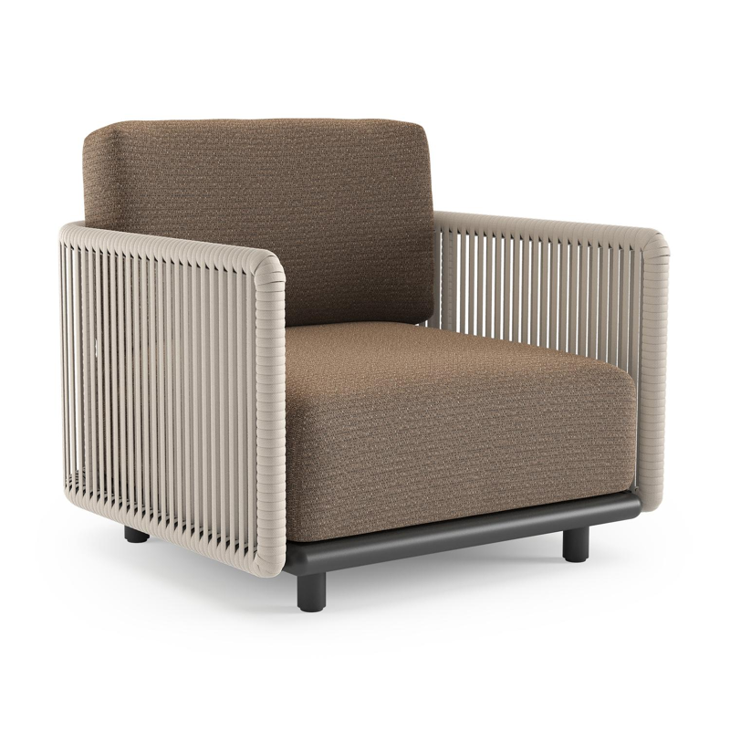 Organo loungestoel in zwart aluminium en beige verticaal geweven luxe vlakke rope met firenze bamboe all weather Solica kussen