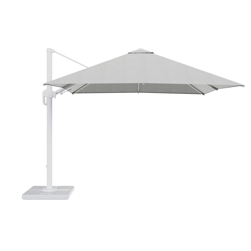 Rufina zweefparasol met tiltfunctie in wit aluminium met grijs all weather sunbrella® premium parasoldoek - L1 300 x L2 300 cm met parasolvoet Lapido 120 kg