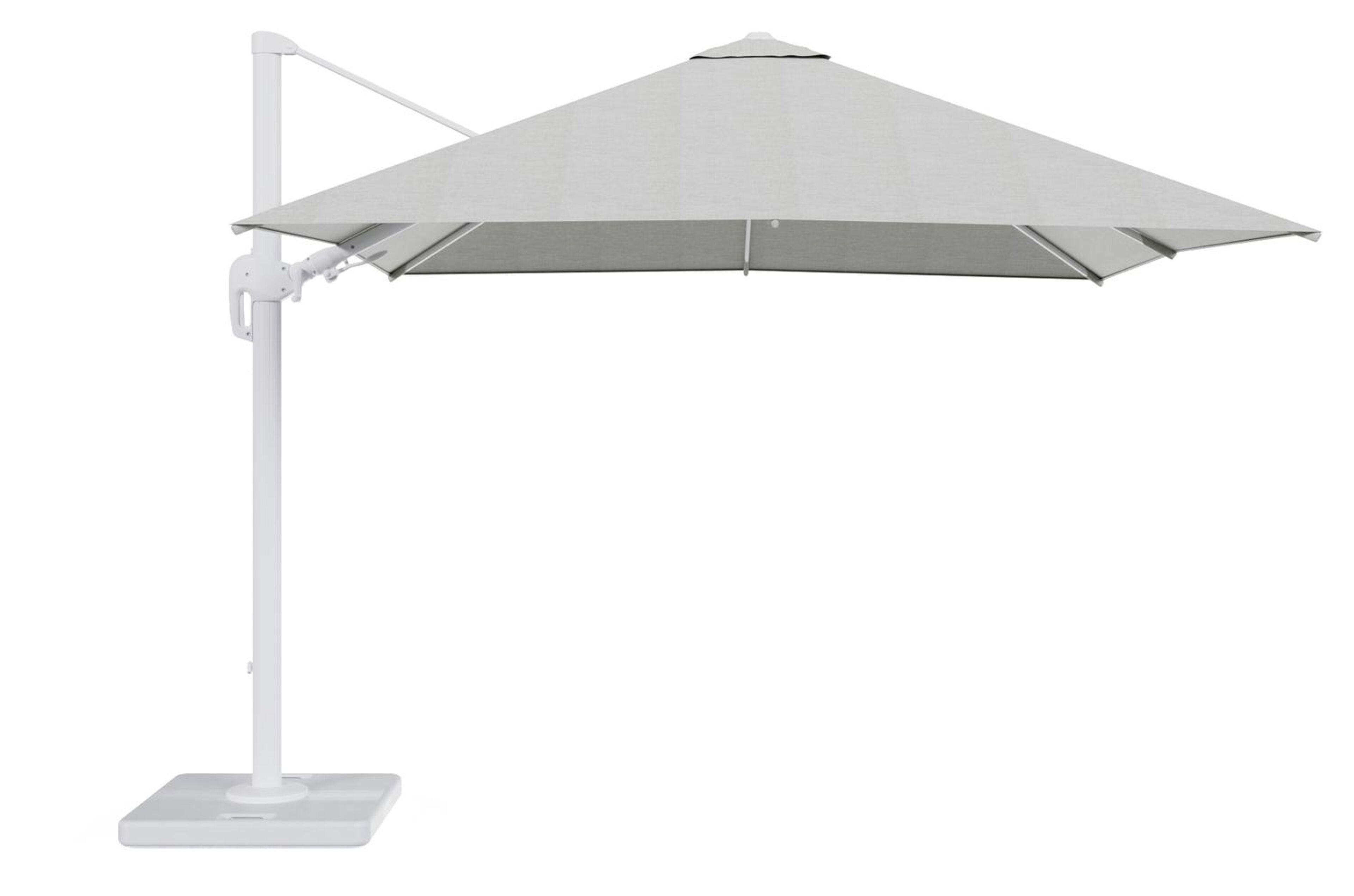 Parasol pendant Rufina avec fonction tilt en aluminium blanc avec toile de parasol en all weather sunbrella® premium gris - Lg.1 300 x Lg.2 300 cm avec pied de parasol Lapido 120 kg