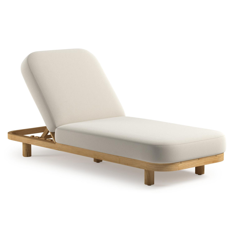 Chaise longue réglable Donato en teck avec All Weather Sunbrella® luxe savane white coussin