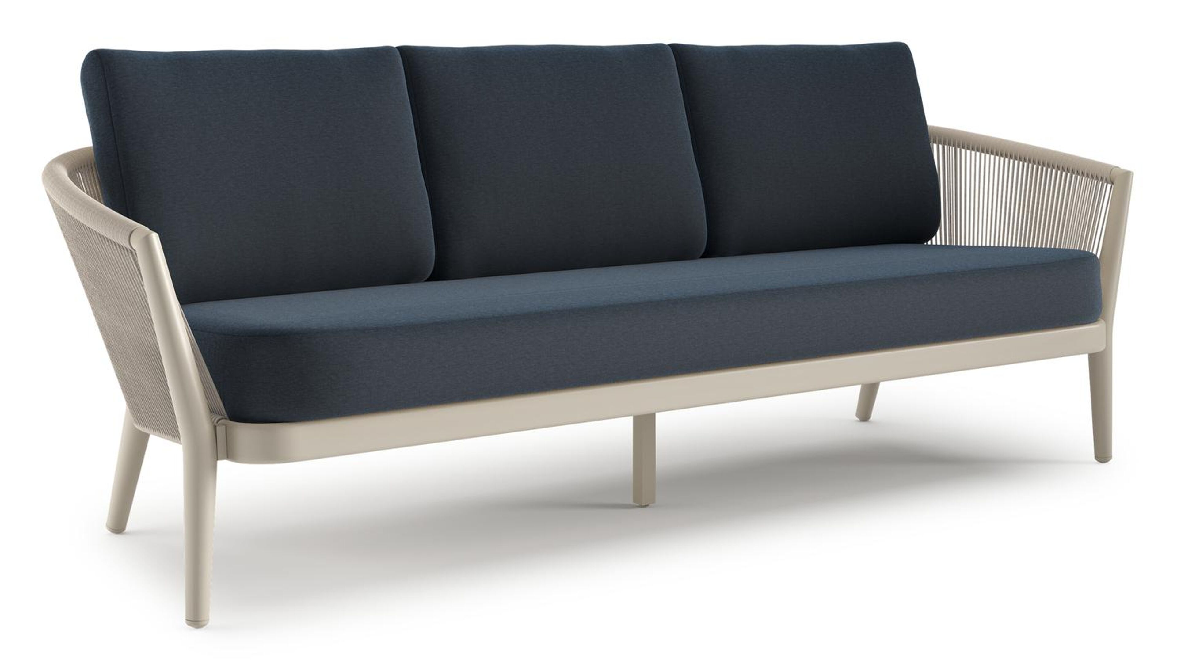 Orso loungebank in beige aluminium en beige verticaal geweven ronde rope met Heritage Indigo all weather sunbrella® luxe kussen