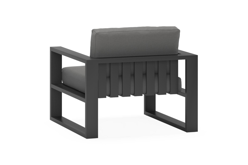 Verato loungestoel 1-zit in zwart aluminium met natte charcoal chine all weather sunbrella® luxe kussen
