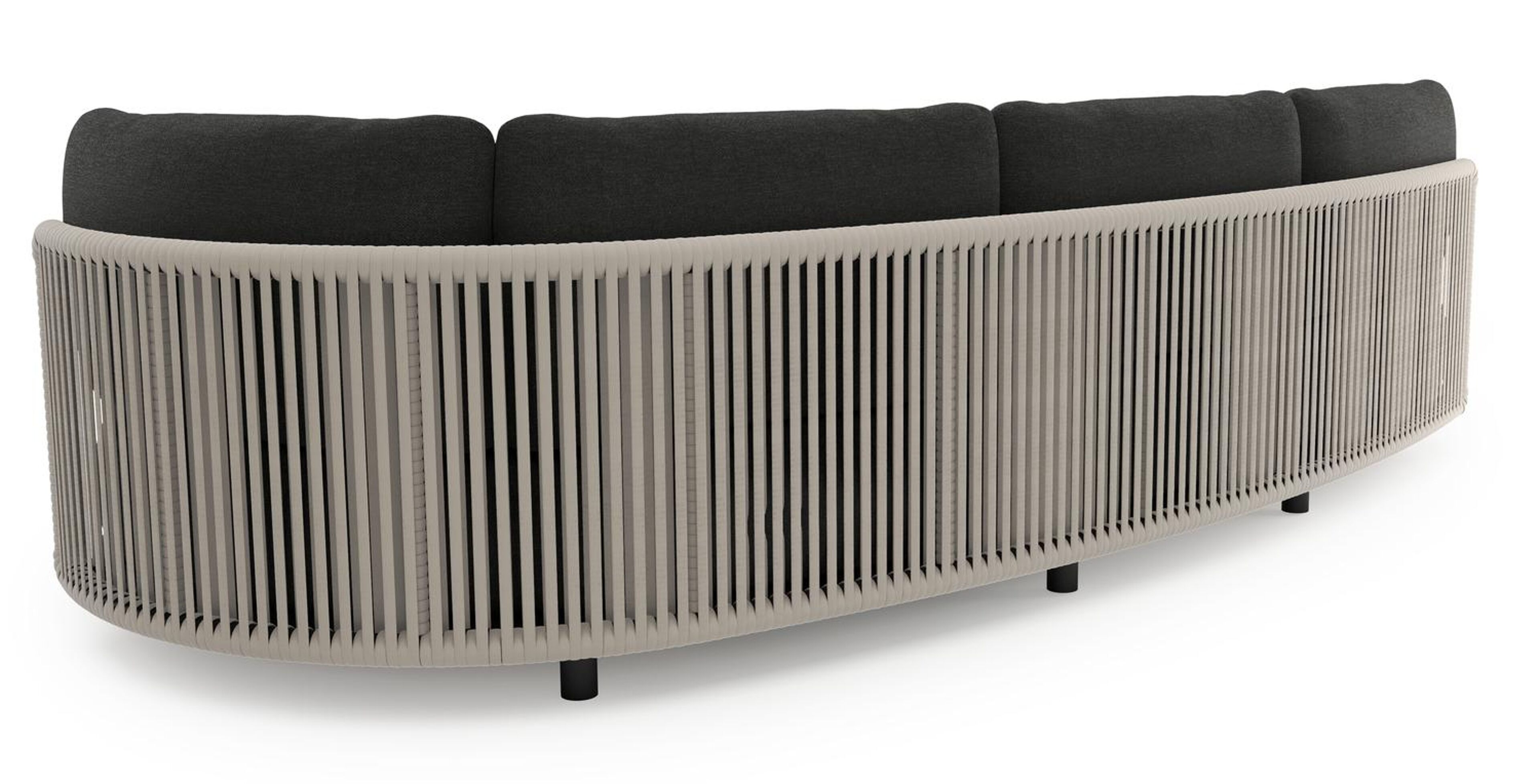 Lomano loungebank in zwart aluminium en beige verticaal geweven luxe vlakke rope met chartres sooty all weather sunbrella® luxe kussen