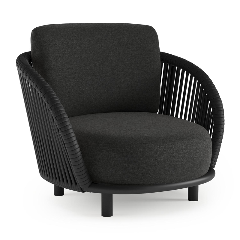 Lupino loungestoel in zwart aluminium en zwart verticaal geweven luxe vlakke brede rope met chartres sooty all weather sunbrella® luxe kussen