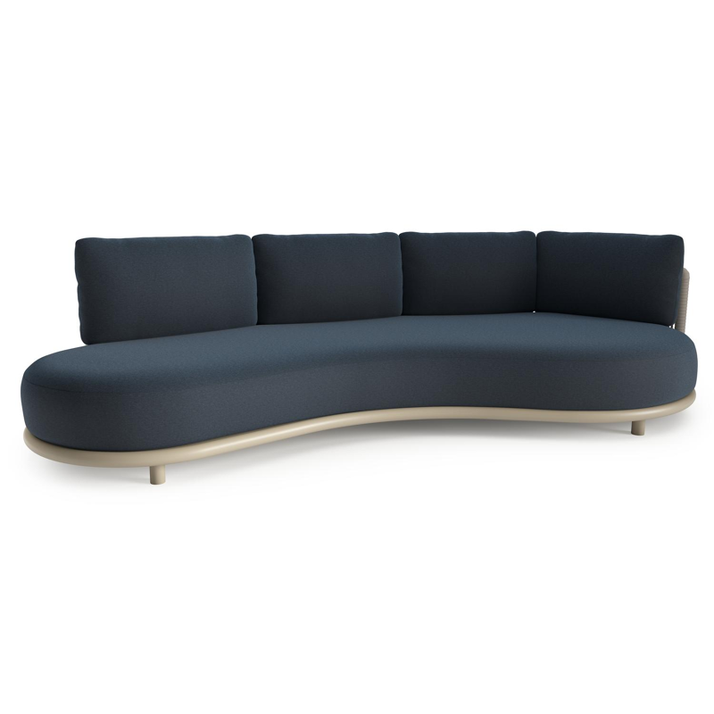 Lomano loungebank in beige aluminium en beige verticaal geweven luxe vlakke rope met heritage indigo All Weather Sunbrella® luxe kussen