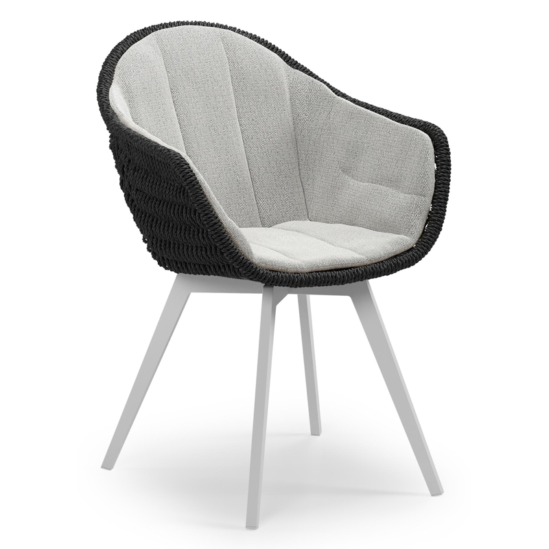 Pagino tuinstoel in wit aluminium en zwart ronde wicker met zitkussen in All Weather Sunbrella® Luxe Savane Nimbus
