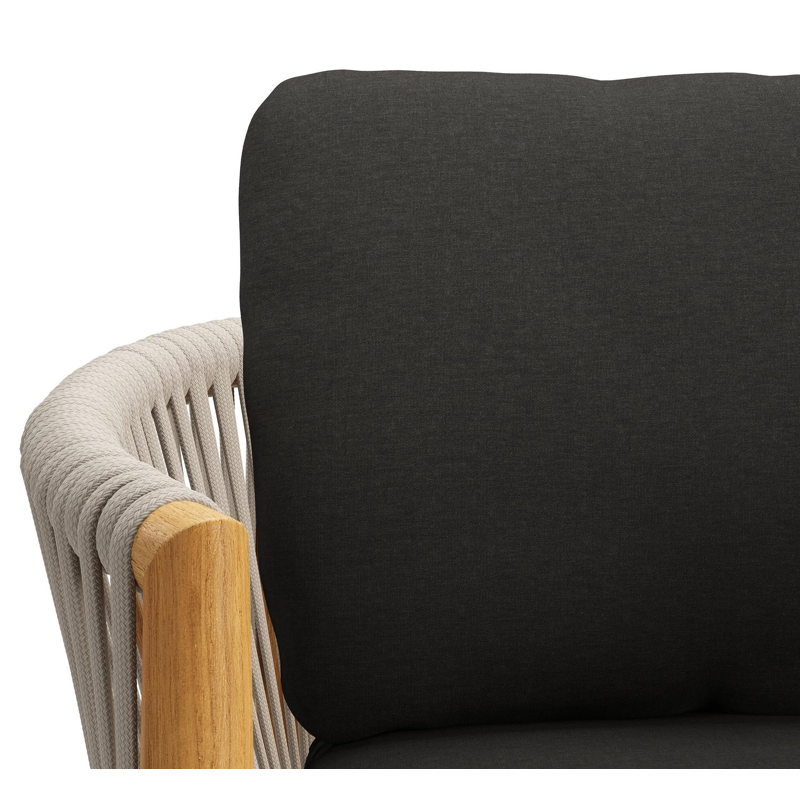 Organo tuinstoel in teak en beige verticaal geweven luxe vlakke rope met zitkussen in All Weather Sunbrella® Luxe Heritage Char