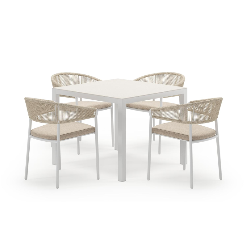 Feltro vierkante tuinset in wit aluminium en sintered stone crema minerale met 4 Zamora tuinstoelen