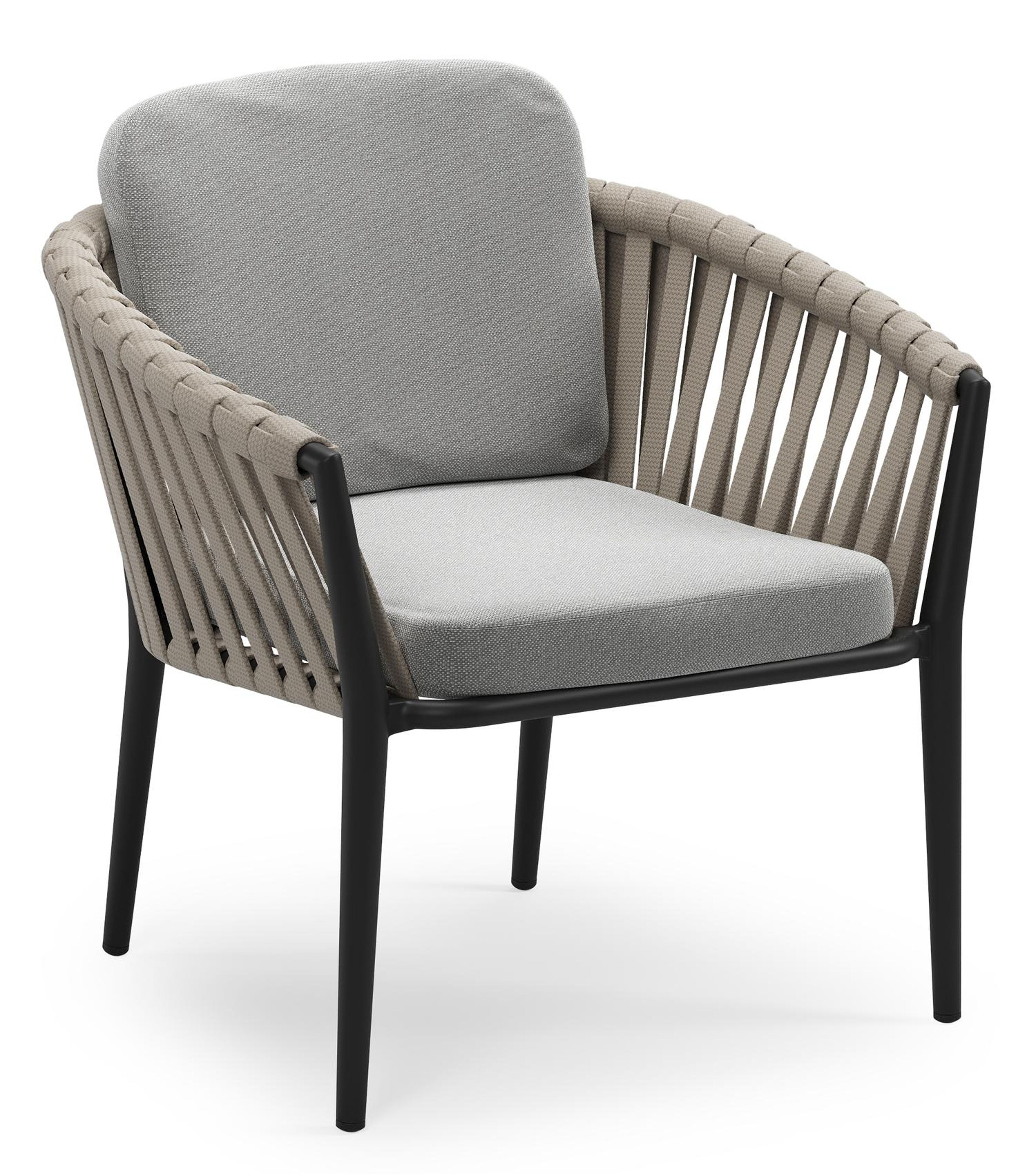 Orso low dining tuinstoel in zwart aluminium en beige verticaal geweven luxe vlakke brede rope met stoelkussen in All Weather Sunbrella® Luxe Savane Grey