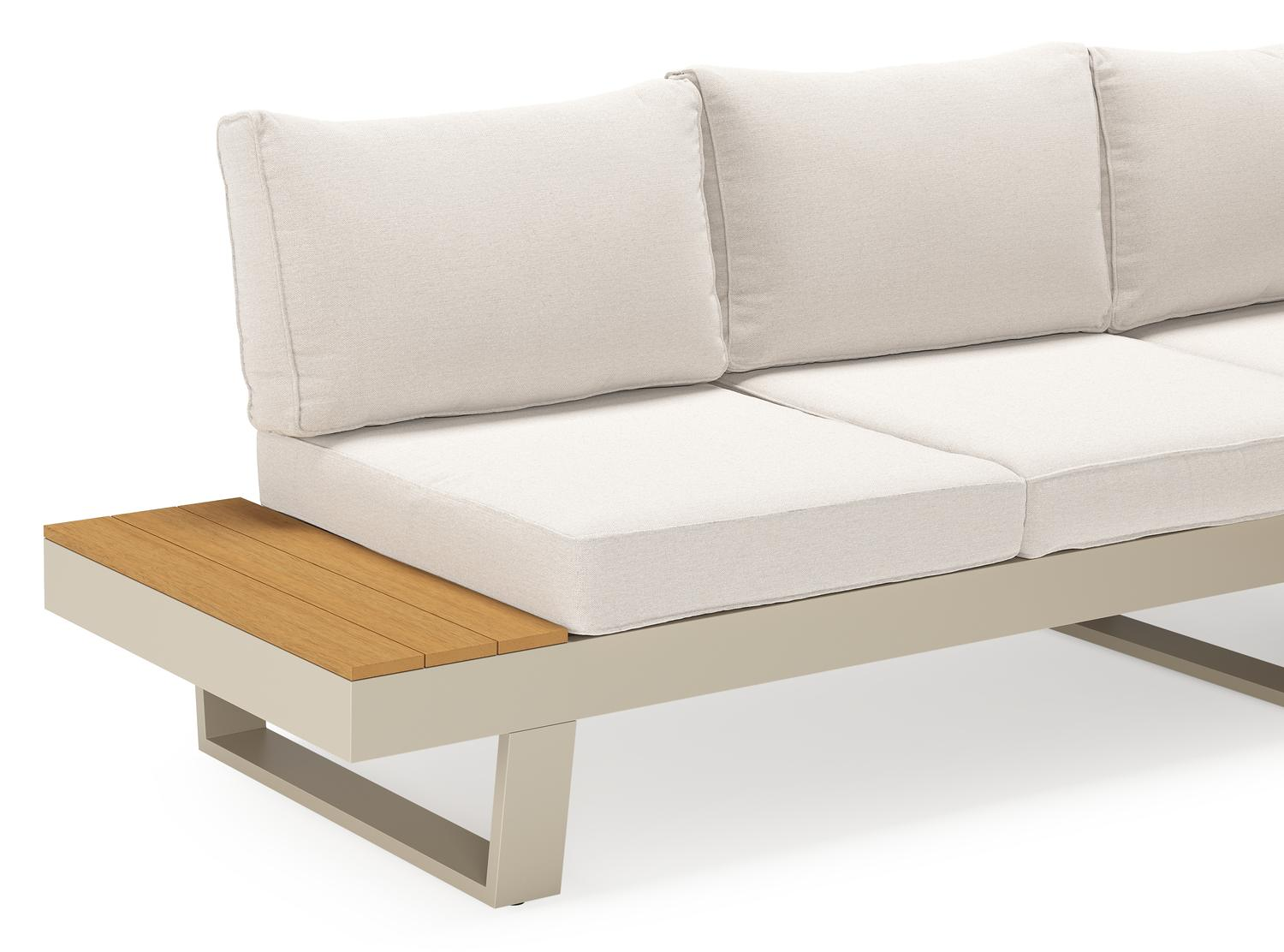 Salon de jardin d'angle Alora en aluminium beige et polywood et coussins en weather+ softtouch beige